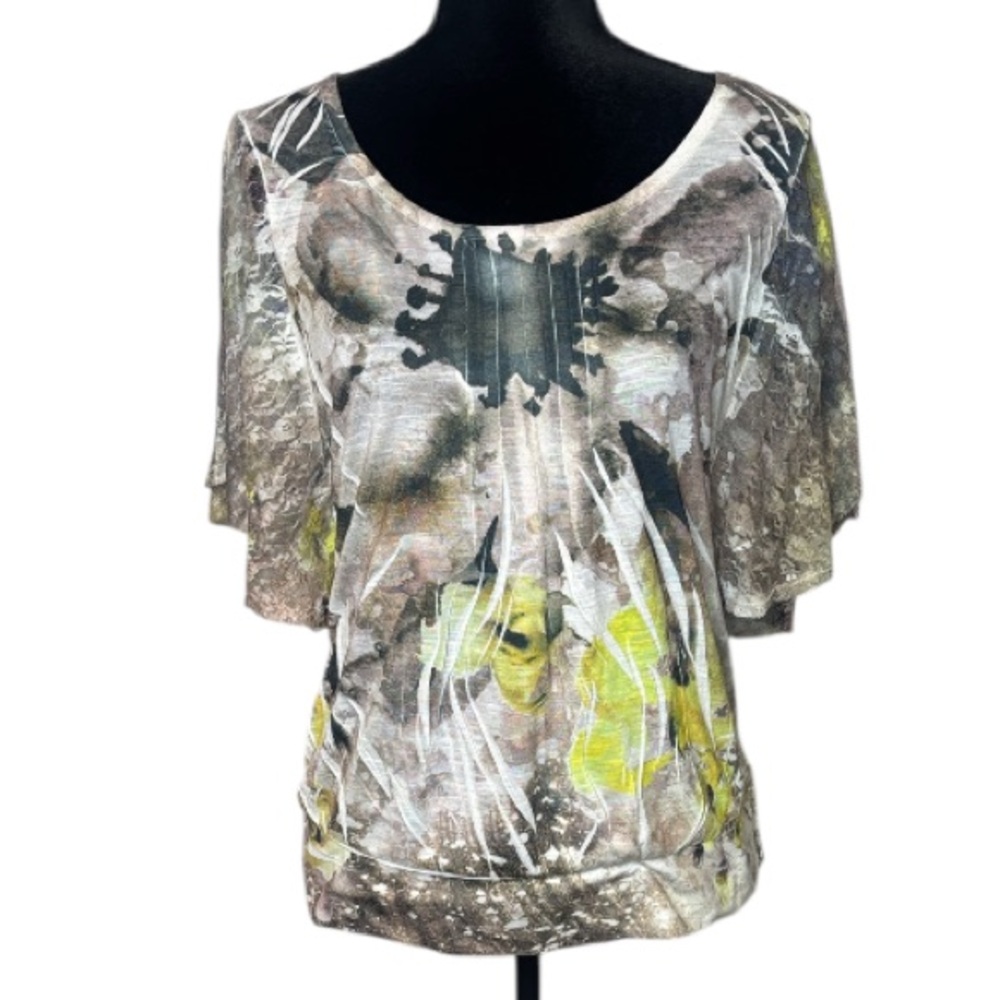 ONE WORLD - Black, Gray, Yellow Top w/ Flowy Lace Sleeves - Size Medium